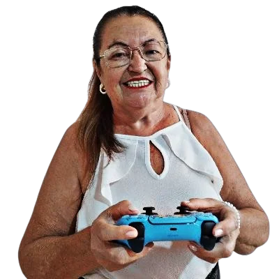 Dona Maria Gameplays segurando um controle de videogame